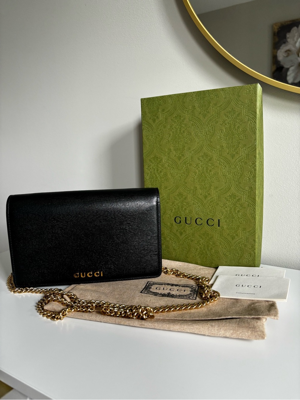 Gucci Black Leather Crossbody with Gold Chain